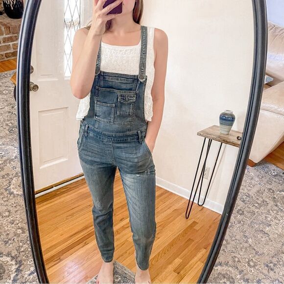 Free People Washed Denim Skinny Overalls Blue 26 - Picture 9 of 9